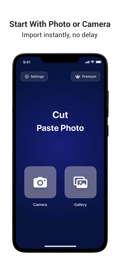 Cut Paste Photo AI Eraser - Cut Paste Photo AI Eraser app home screen showing camera and gallery import buttons