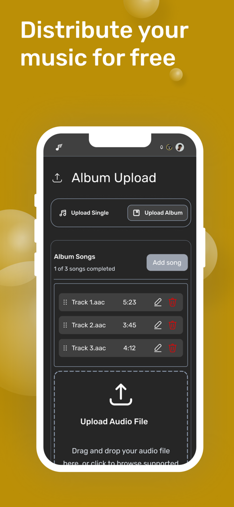 Freecords app interface showing the album upload process with several tracks ready for distribution