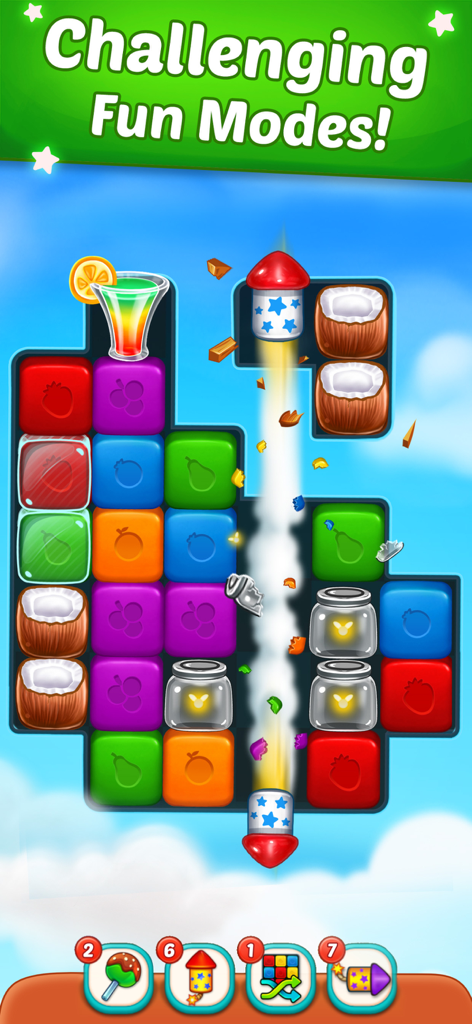 Fruit Cube Blast: Match 3 Game - Fruit Cube Blast mobile game screen showing colorful fruit blocks and a rocket power-up blast.