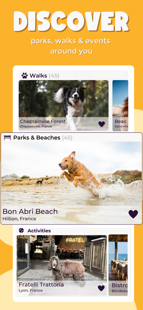 PlayDogs: Walk your dog - Interface de l'application PlayDogs présentant des parcs, des promenades et des restaurants adaptés aux chiens