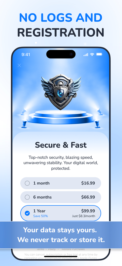 StrongNet VPN: Privacy Defence - StrongNet VPN app screenshot showing subscription plans and privacy policy features