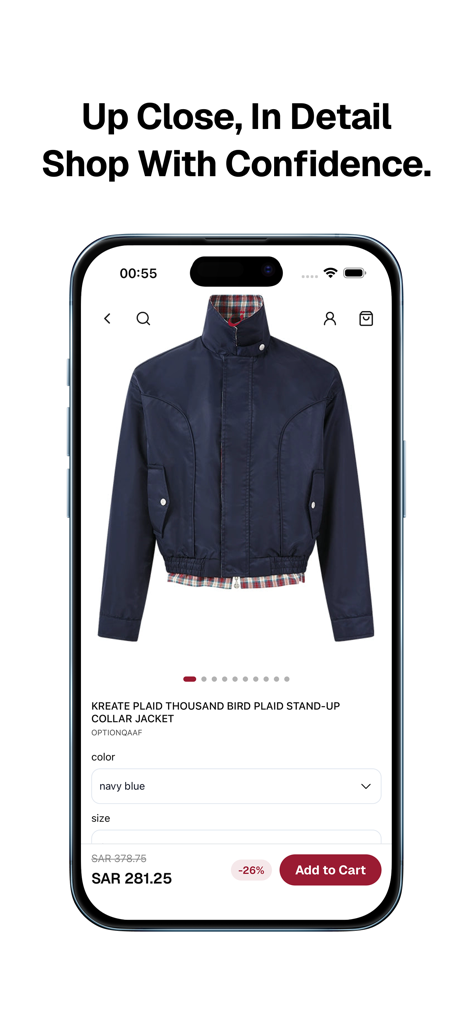 Schermata mobile che mostra la pagina del dettaglio prodotto dell'app OptionQaaf per una giacca blu navy con colletto alla coreana