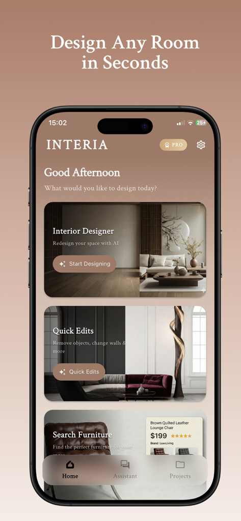 La schermata principale dell'app Interia AI Home Design che mostra funzionalità come la progettazione d'interni AI, modifiche rapide e ricerca di mobili.
