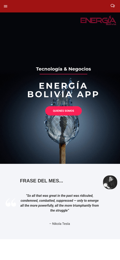 Schermata principale dell'app Energia Bolivia con una citazione di Nikola Tesla e sezioni dedicate alla tecnologia e al business