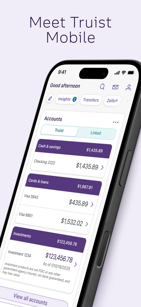 Truist Mobile banking app dashboard showing account balances for cash savings and investments