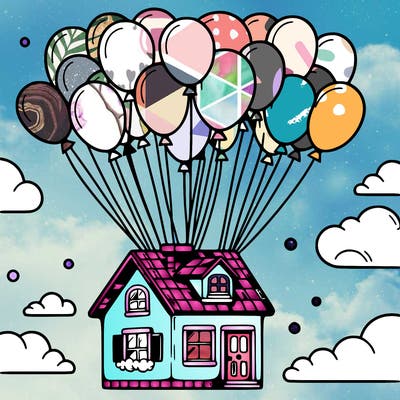house floating from lots of balloons