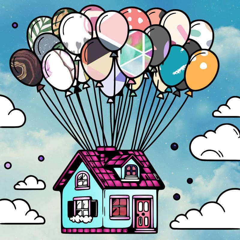 house floating from lots of balloons