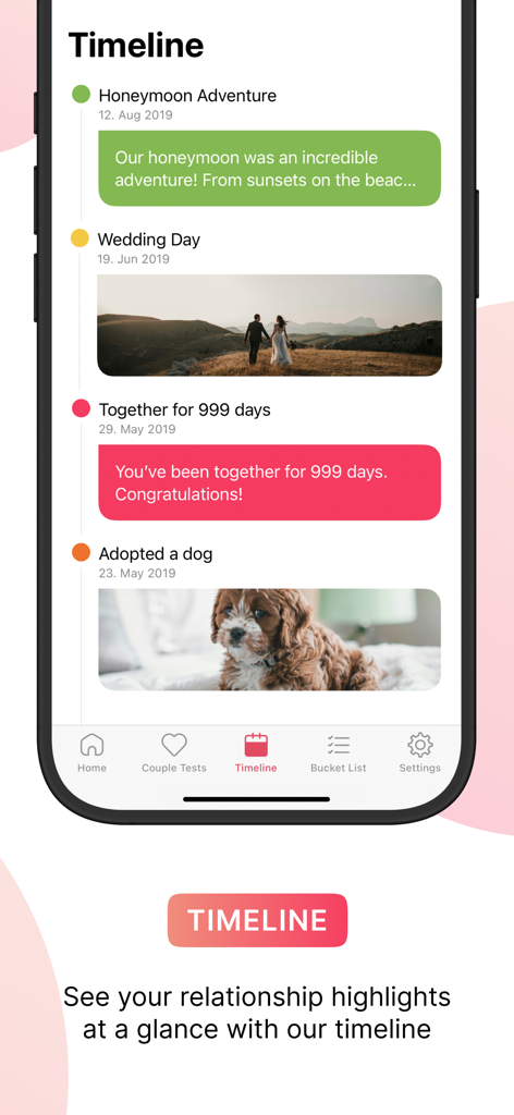 Luvy - Couples & Relationship - Ein Screenshot der Luvy App Zeitleistenfunktion, die Beziehungsmeilensteine mit Fotos und Notizen anzeigt
