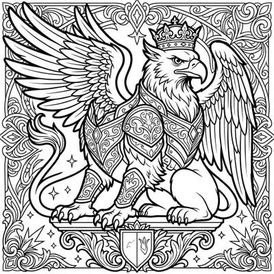 Unleash your creativity with this majestic Royal Griffin coloring page, featuring a crowned and armored mythical creature. Dive into a world of fantasy and noble power with intricate details perfect for adult and teen colorists.