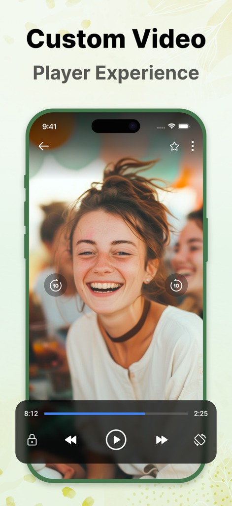 Gallery - Hide Photo Vault - Una pantalla de teléfono inteligente que muestra la interfaz del reproductor de video personalizado de la aplicación Gallery Hide Photo Vault con un video de una mujer sonriendo.