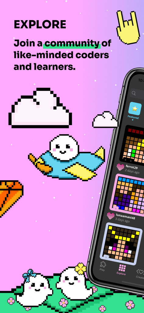 Screenshot of the imagi app showing a community feed of creative pixel art projects from other coders.
