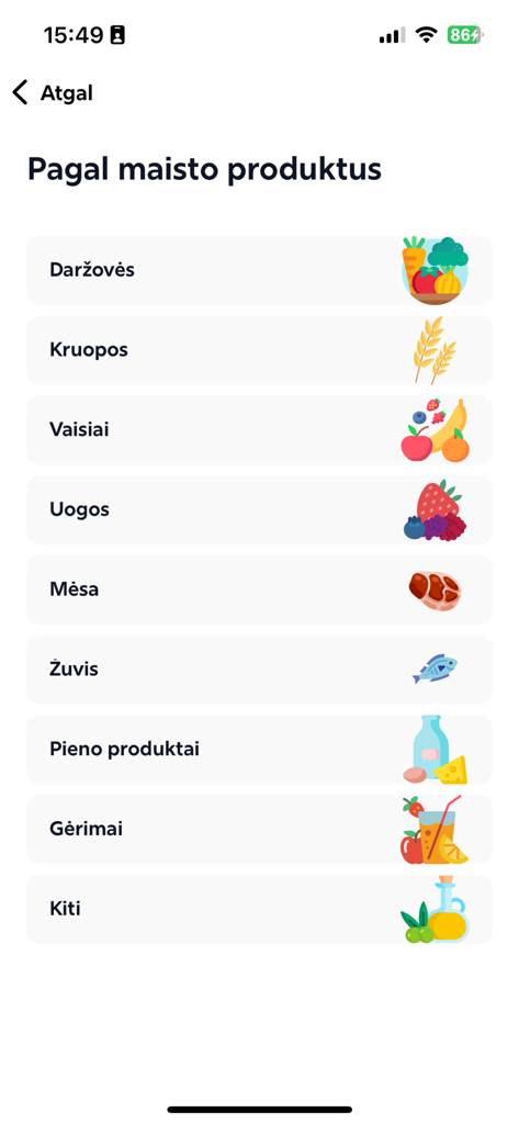 Happy Tummy 앱 인터페이스에서 채소, 곡물, 과일과 같은 아기 음식 카테고리 메뉴