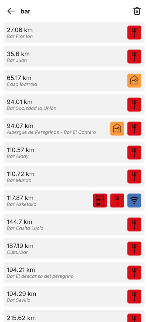 Una lista de bares y restaurantes a lo largo del sendero GR10 que muestra distancias e iconos de servicios.