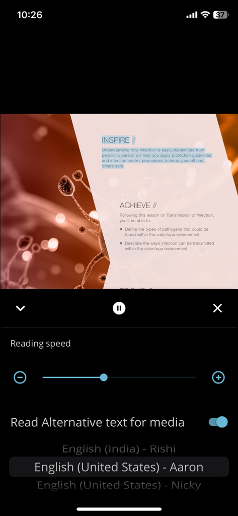 Pivot Point Reader - Interfaz de texto a voz en la aplicación Pivot Point Reader mostrando la velocidad de lectura y las opciones de selección de voz.