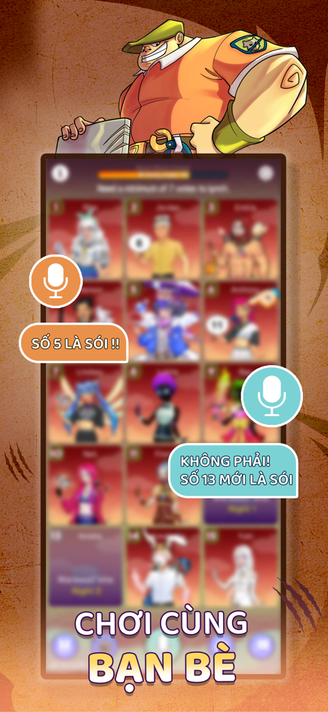 Werewolf Online - Full Moon - A mobile gameplay screen of Werewolf Online showing a 15-player social deduction match with interactive voice chat bubbles.