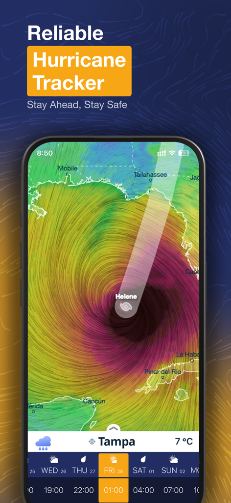 Ventusky: Weather & Live Radar - Ventusky app hurricane tracker interface showing Hurricane Helene over the Gulf of Mexico and Florida coast