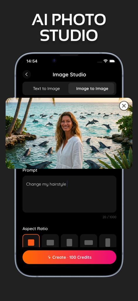 AI Baby Dance Video: shain - Interfaz de la aplicación Shain mostrando el Estudio de Foto IA con una función de generación de imagen a imagen y una indicación para cambiar el peinado