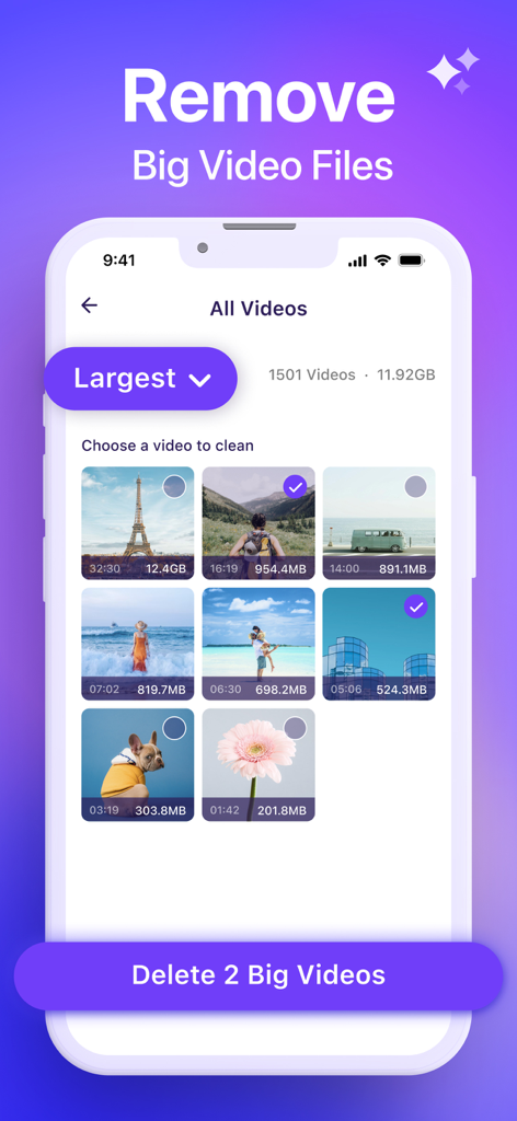 Interface do aplicativo Space Cleaner mostrando uma lista de arquivos de vídeo grandes classificados por tamanho para fácil exclusão