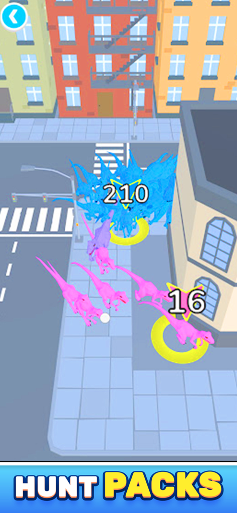 Dino Crowd - Pink dinosaur swarm attacking a blue pack in a city street environment