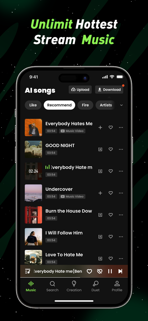 Interfaz de la aplicación Deeptone que muestra una lista de canciones de IA de moda y funciones de streaming de música