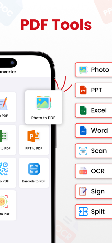 Schermata mobile che mostra strumenti PDF per la conversione di foto, scansione di documenti e firma di file