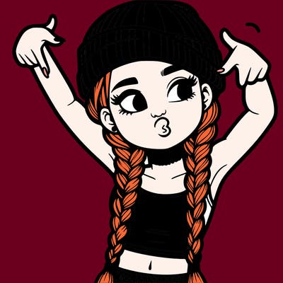 realistic teenage girl with braids and a beanie and crop top doing 🫶🏼