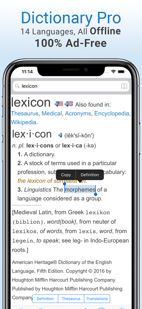 Dictionary Pro app interface showing the definition of lexicon and offline features
