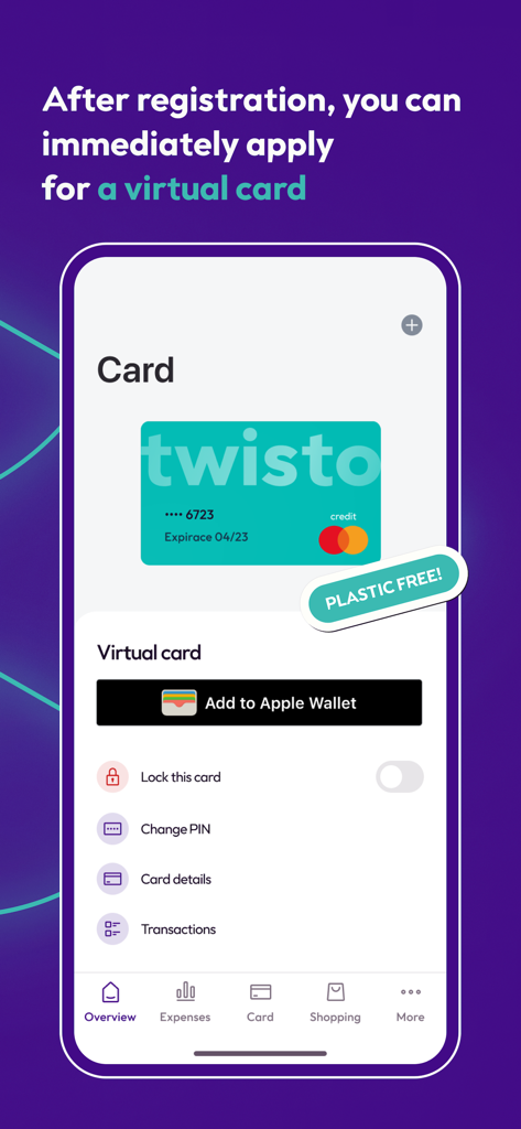 Interfaz de la aplicación móvil Twisto que muestra una tarjeta de crédito virtual con la opción de añadirla a Apple Wallet