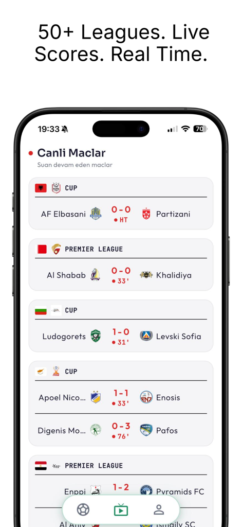 Match Predictions - FutbolAI - FutbolAI app interface displaying live soccer scores and match results from multiple international leagues