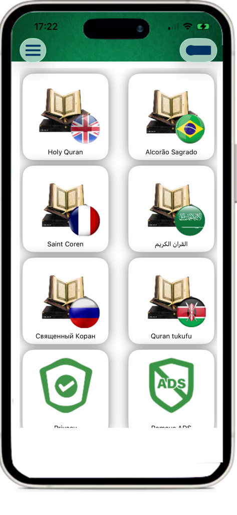 Holy Quran - القران الكريم - Language selection screen of the Holy Quran app showing options in English, Portuguese, French, Arabic, Russian, and Swahili.
