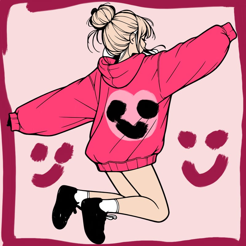 realistic girl jumping with a bun and oversized sweatshirt