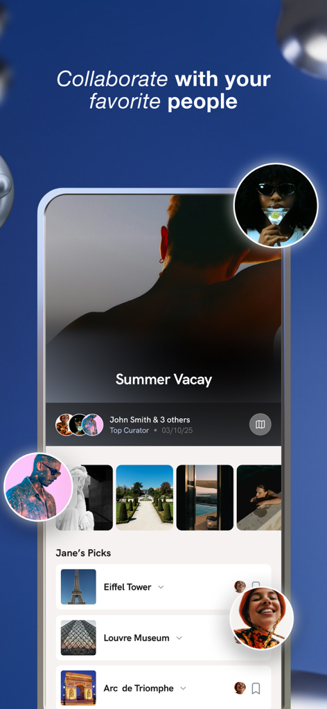 Hypelist: Create & Share Lists - Mobile interface of the Hypelist app showing users collaborating on a summer vacation travel list