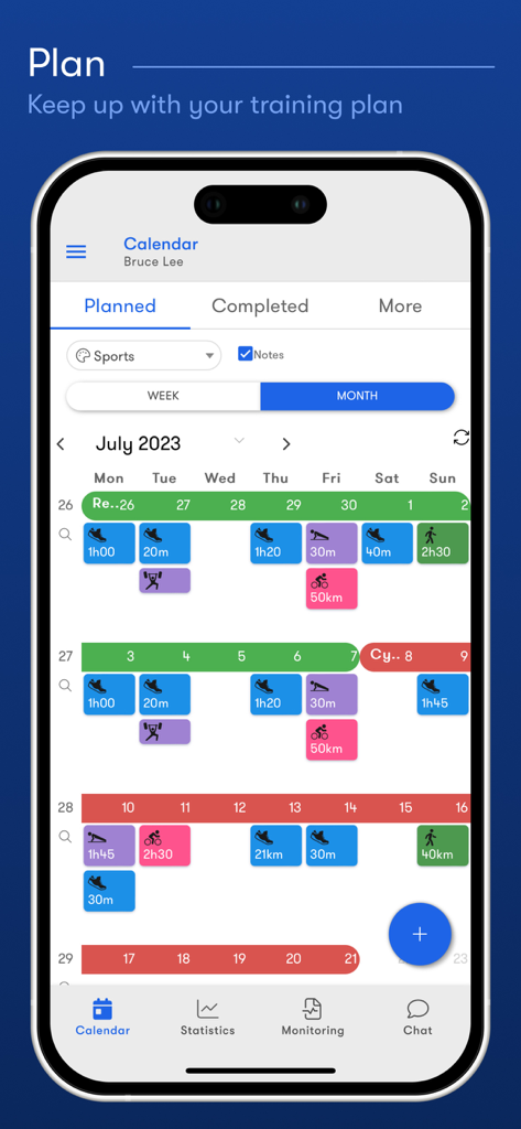 Nolio - Calendario de entrenamiento de la aplicación Nolio que muestra un plan de entrenamiento mensual de resistencia.