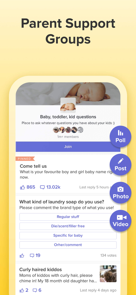Glow Baby Tracker & Growth App - Interfaz de los grupos de apoyo para padres y el foro de la comunidad de la aplicación Glow Baby