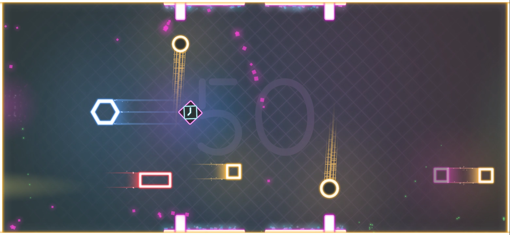 Ding Dong XL - Minimalist neon gameplay of Ding Dong XL showing a player icon dodging various glowing geometric obstacles.