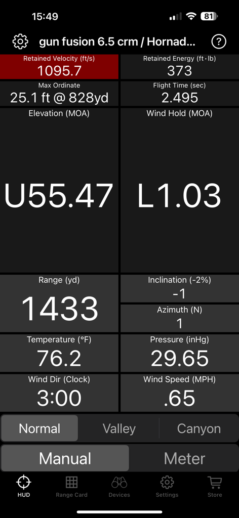 Eagle Ballistics App HUD zeigt Präzisionsschussberechnungen einschließlich Höhen- und Windabweichung für Langstrecken