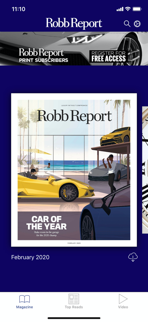 Robb Report Magazine app home screen featuring the February 2020 Car of the Year issue cover.