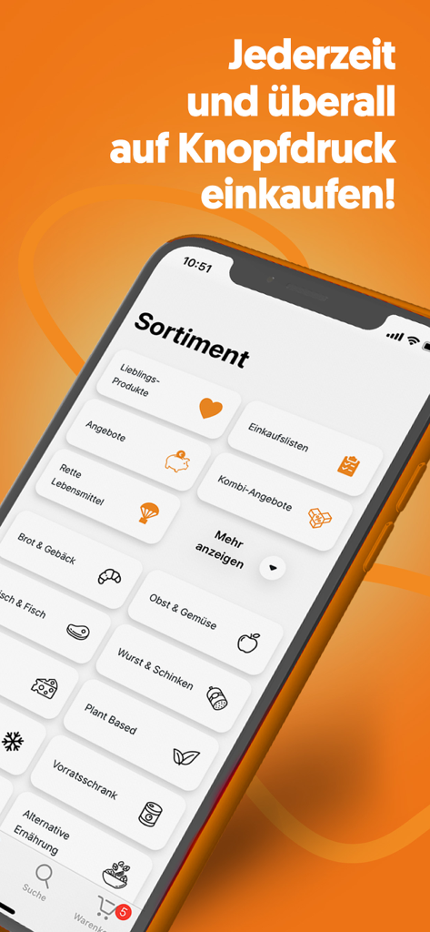 The Knuspr mobile app interface showing various grocery shopping categories like fresh produce and bakery items.