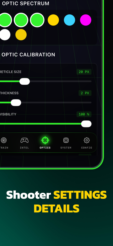 Interface des paramètres de calibrage du réticule de l'application mobile, y compris la sélection des couleurs et les curseurs de taille et d'épaisseur.