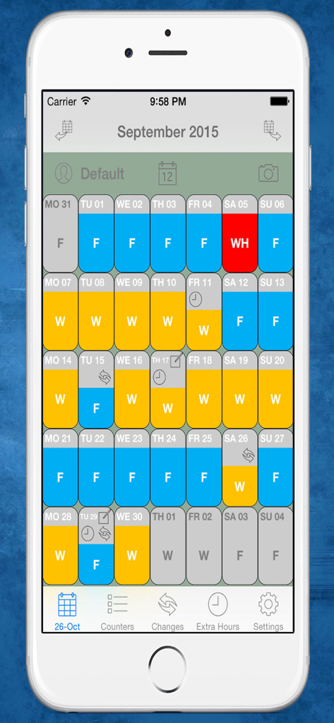 Shift Cal - CuadraTurnos PRO - Shift Cal PRO mobile app interface displaying a color-coded monthly work calendar for shift workers.