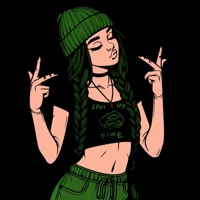 realistic teenage girl with braids and a beanie and crop top doing 🫶🏼