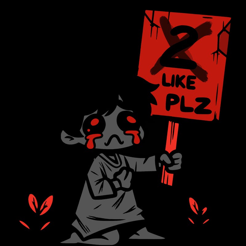 small poor toddler crying with sign that says 2 like plz