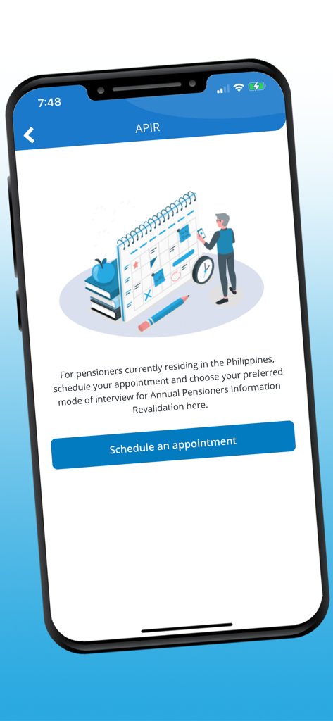 GSIS Touch - Pantalla de la aplicación GSIS Touch para programar una cita de Revalidación de Información Anual de Pensionados.