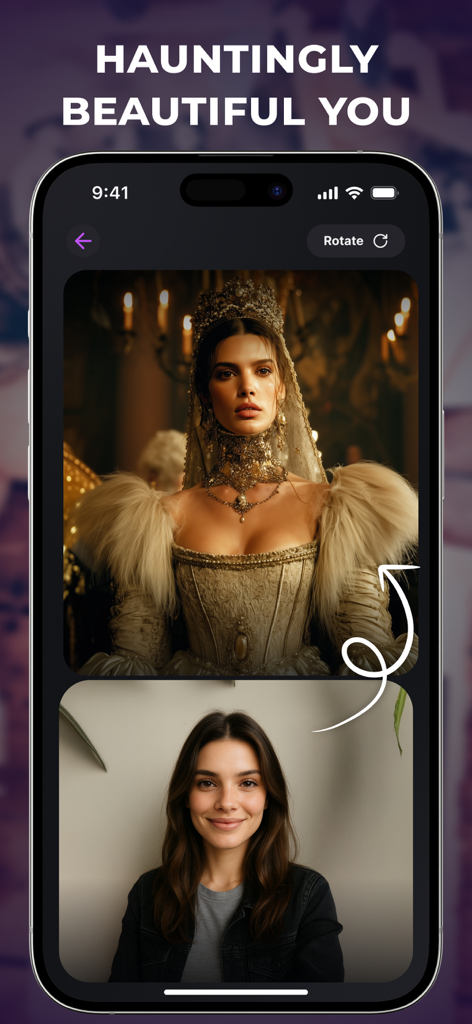 AI Photo Animator & Creator - AI app interface showing a casual photo of a woman transformed into a royal portrait with a crown and ornate gown