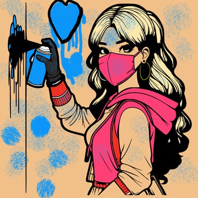 realistic girl with mask spray painting a wall