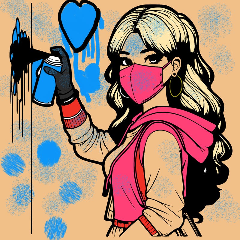 realistic girl with mask spray painting a wall