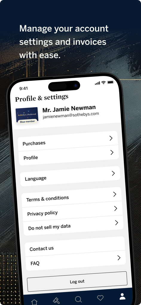 Sotheby's - 계정 관리 옵션과 사용자 정보를 보여주는 소더비 앱 프로필 및 설정 인터페이스