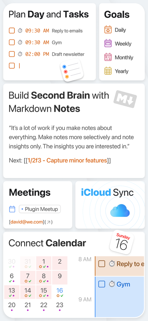 Uma colagem mostrando os recursos do aplicativo NotePlan, incluindo planejamento de tarefas, notas markdown de segundo cérebro, integração de calendário e sincronização do iCloud