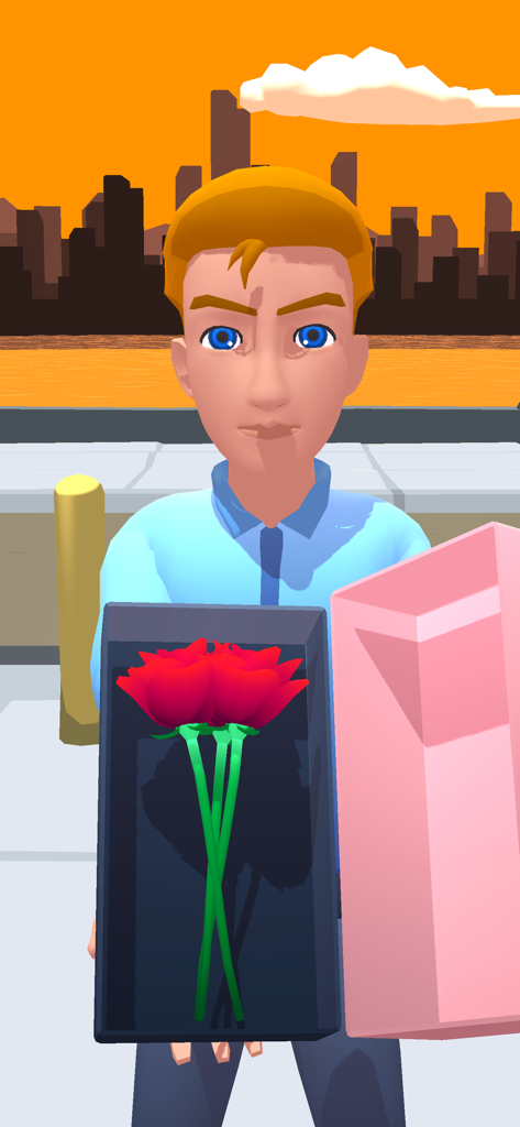 Order please! -Draw&Story game - A male character holding a gift box with red roses during a sunset scene