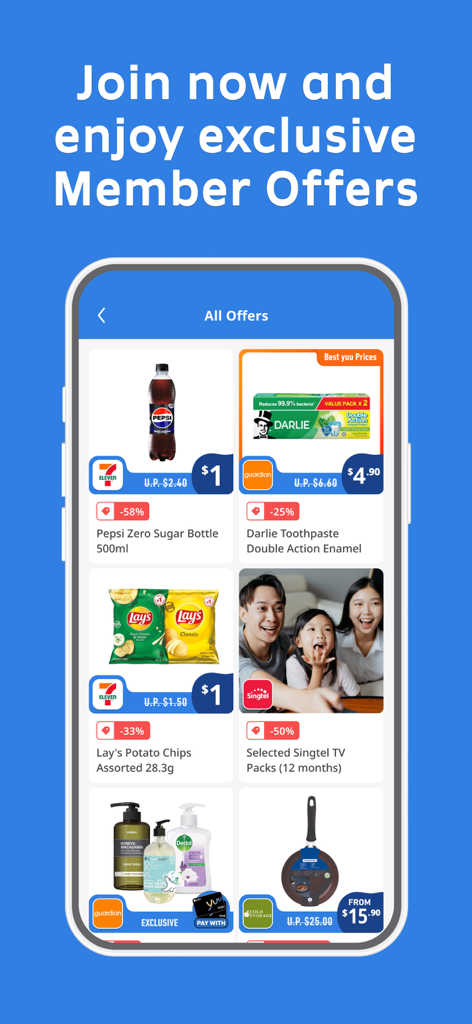 A mobile screen showing the yuu SG app with exclusive member offers and discounts on household products like Pepsi, Lay's, and Darlie toothpaste.